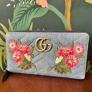 Gucci Limited Edition Quilted Denim Floral GG Long Zip Wallet 💙
